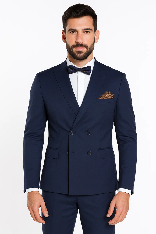 Men's Slim Fit Double-Breasted Suit – Navy Blue 