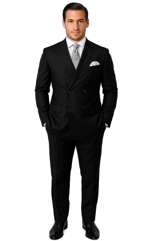 Men’s Slim Fit Double-Breasted Wool Suit – Black