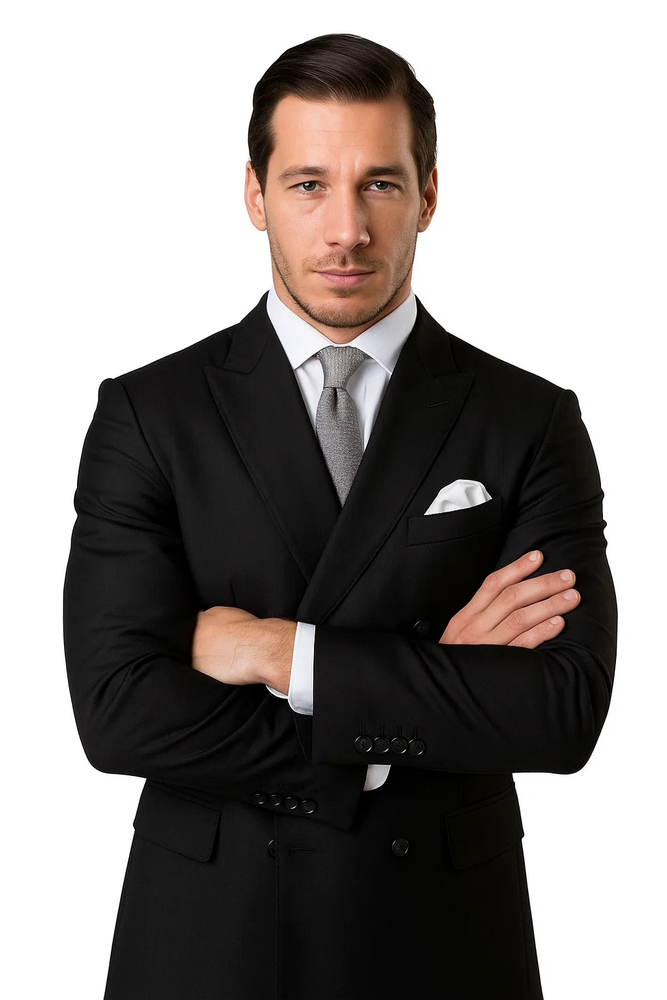 Men’s Slim Fit Double-Breasted Wool Suit – Black