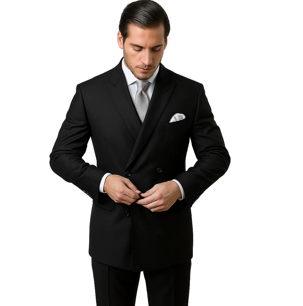 Men’s Slim Fit Double-Breasted Wool Suit – Black