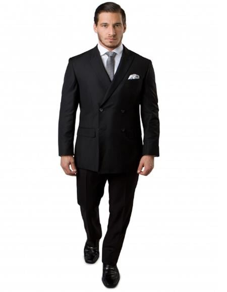 Men’s Slim Fit Double-Breasted Wool Suit – Black