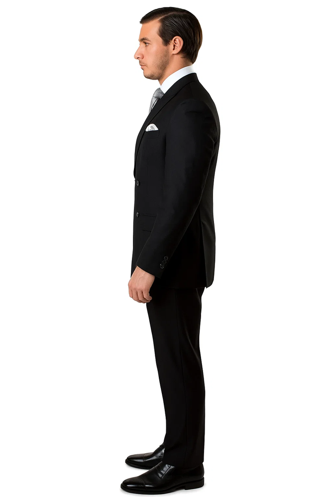 Men’s Slim Fit Double-Breasted Wool Suit – Black