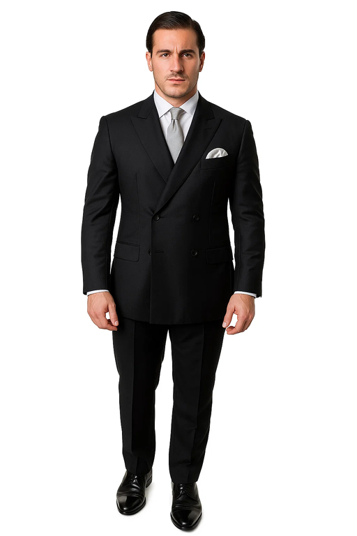 Men’s Slim Fit Double-Breasted Wool Suit – Black