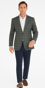 Men's Two-Button Wool Blazer - Classic Fit Brown & Olive Windowpane Plaid - Renoir