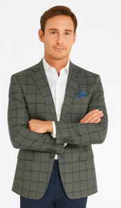 Men's Two-Button Wool Blazer - Classic Fit Brown & Olive Windowpane Plaid - Renoir
