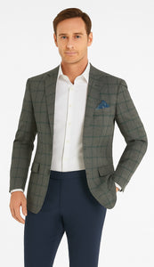 Men's Two-Button Wool Blazer - Classic Fit Brown & Olive Windowpane Plaid - Renoir