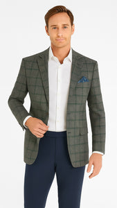 Men's Two-Button Wool Blazer - Classic Fit Brown & Olive Windowpane Plaid - Renoir