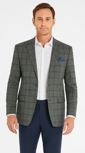 Men's Two-Button Wool Blazer - Classic Fit Brown & Olive Windowpane Plaid - Renoir