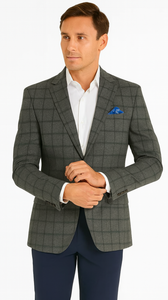 Men's Two-Button Wool Blazer - Classic Fit Brown & Olive Windowpane Plaid - Renoir