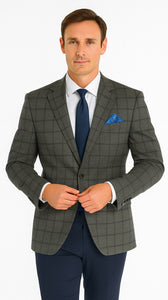 Men's Two-Button Wool Blazer - Classic Fit Brown & Olive Windowpane Plaid - Renoir