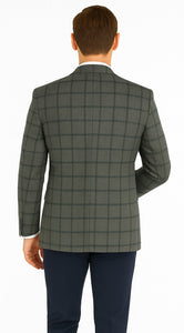 Men's Two-Button Wool Blazer - Classic Fit Brown & Olive Windowpane Plaid - Renoir