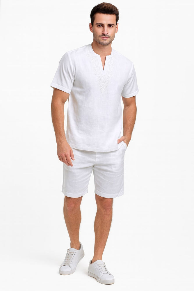 Men’s White Embroidered Short Set – Casual Summer Outfit with V-Neck Shirt and Matching Shorts