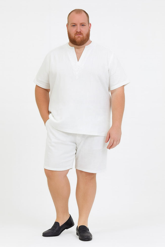 Men’s White Embroidered Short Set – Casual Summer Outfit with V-Neck Shirt and Matching Shorts