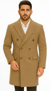 Men's Wool And Cashmere Double Breasted Long Overcoat Beige ~ Camel Three Quarter Winter Men's Topcoat Sale