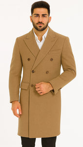 Men's Wool And Cashmere Double Breasted Long Overcoat Beige ~ Camel Three Quarter Winter Men's Topcoat Sale