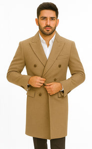 Men's Wool And Cashmere Double Breasted Long Overcoat Beige ~ Camel Three Quarter Winter Men's Topcoat Sale