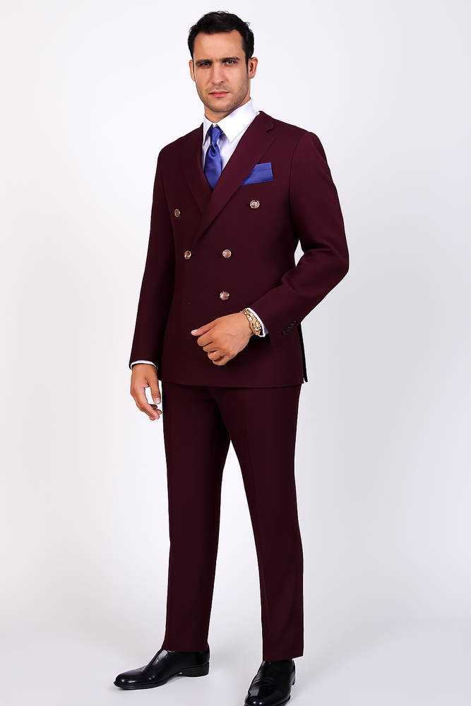 Mens Designer Modern Fit Double Breasted Wool Suit with Gold Buttons in Burgundy