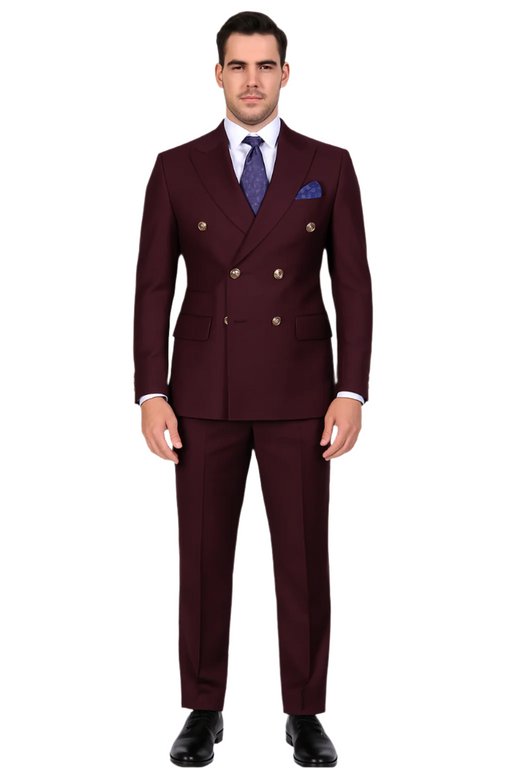 Men's burgundy double-breasted wool suit with gold buttons front view