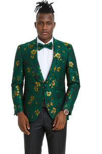 Tailors 

Tazio Tailors Men's Slim Fit Paisley Foiled Blazer - Hunter Green & Gold for Prom & Weddings