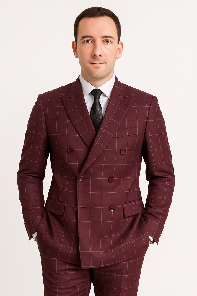 Naples Collection - Wine Modern Fit Double Breasted Windowpane Peak Lapel 2 Piece Suit