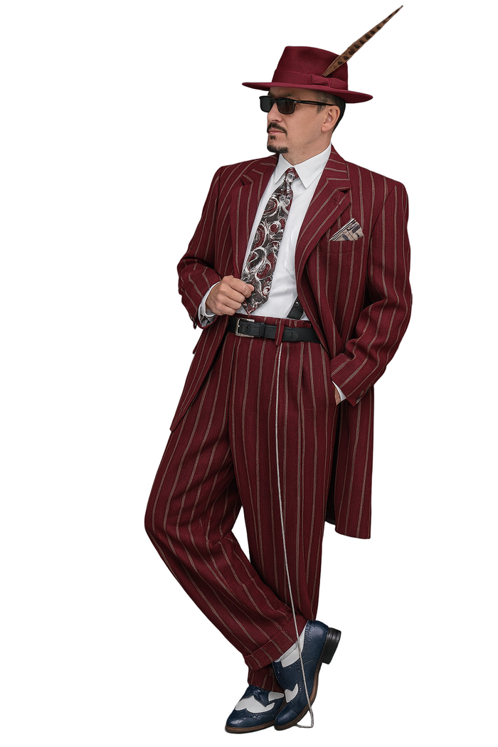 Burgundy Pinstripe Zoot Suit – 3 Piece 1920s/1930s Gangster Outfit (Jacket and Pants and Vest)  Vintage Fashion