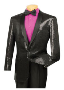 Men's 1 Button Black Shawl Collar Sequin Blazer Black