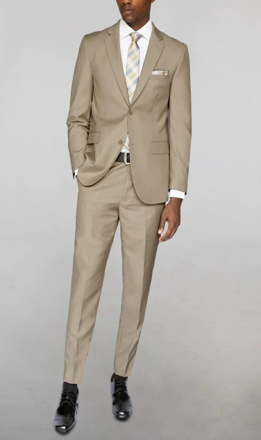 Mens Beige Single Breased Notched Lapel Suit Double Back Vent Slim Fit