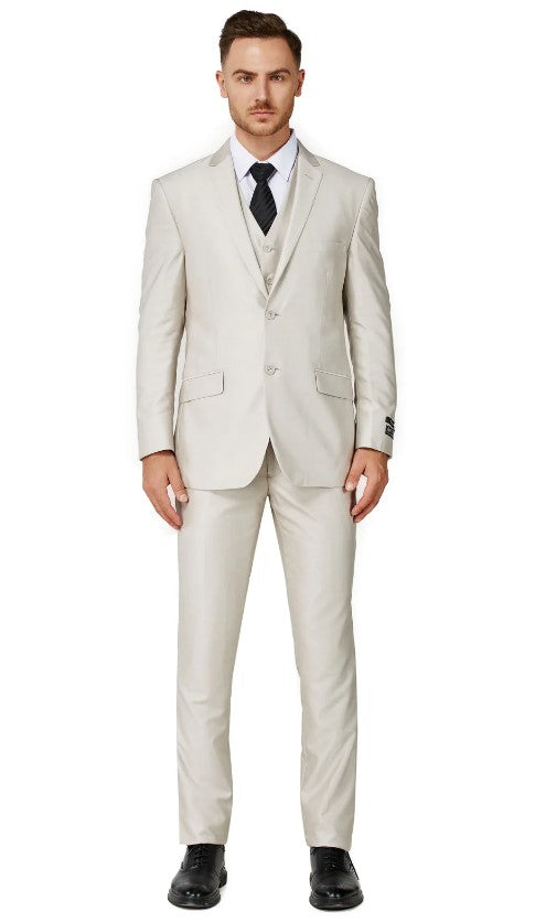 Mens Beige Double Back Vent Notched Lapel Suit Slim Fit