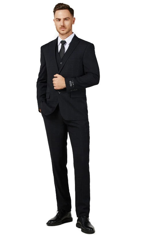 Mens Black Checker Notched Lapel Single Breased Suit Double Back Vent Slim Fit
