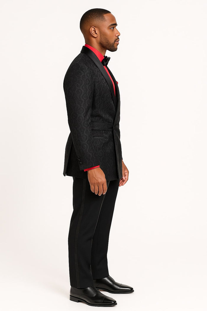 Mens Black Paisley Tuxedo Jacket with – Elegant Formalwear Smoking Jacket