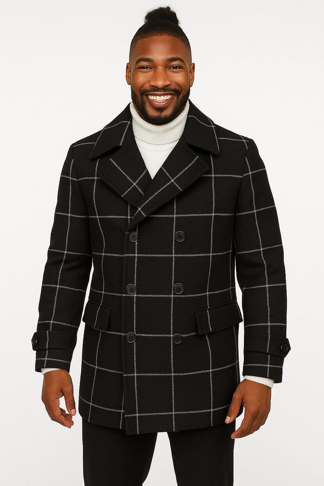Mens Black Windowpane Check Wool Overcoat – Double-Breasted Winter Peacoat