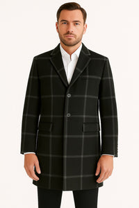 Mens Black Windowpane Wool Overcoat – Classic Long Checkered Coat Checkered Plaid Pattern