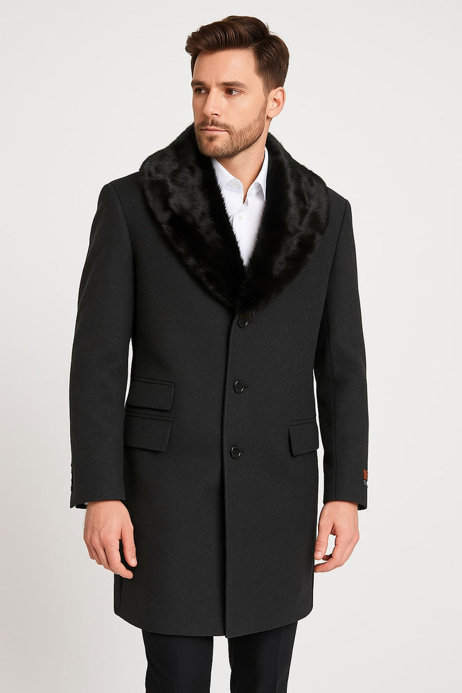 Mens Black Wool Overcoat with Black Faux Fur Collar – Luxury Winter Dress Coat