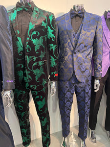 Mens Black and Emerald Green Velvet Floral Tuxedo Suit – Slim Fit 2 Piece Formalwear for Weddings and Events Slim Fitted