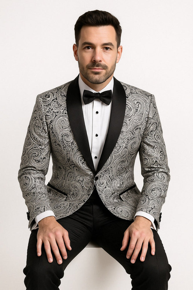 Mens Black and Silver Paisley Tuxedo with Satin Lapel and Bow Tie – Formal Party Suit