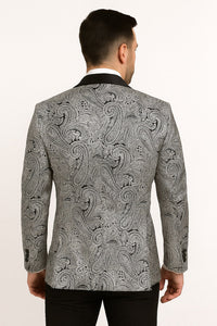 Mens Black and Silver Paisley Tuxedo with Satin Lapel and Bow Tie – Formal Party Suit