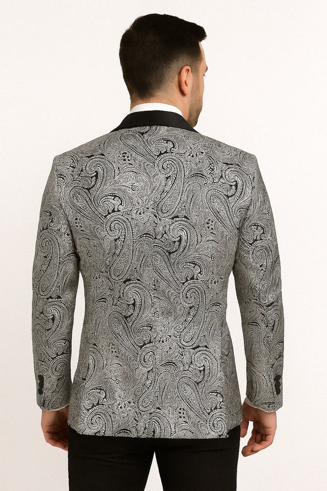 Mens Black and Silver Paisley Tuxedo with Satin Lapel and Bow Tie – Formal Party Suit