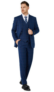 Mens Blue Checker Single Breased Notched Lapel Suit Slim Fit