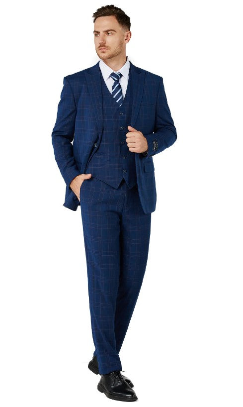 Mens Blue Checker Single Breased Notched Lapel Suit Slim Fit