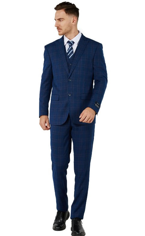 Mens Blue Checker Single Breased Notched Lapel Suit Slim Fit