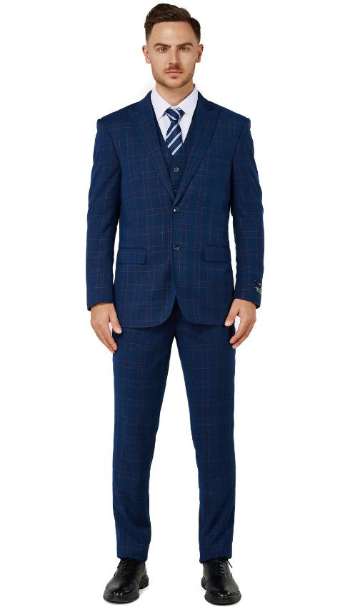 Mens Blue Checker Single Breased Notched Lapel Suit Slim Fit