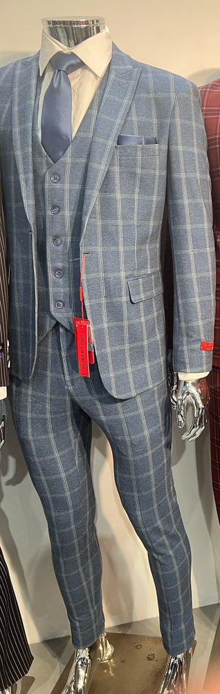 Mens Blue Windowpane Checkered Slim Fit Suit – 3 Piece Stretch Business Suit