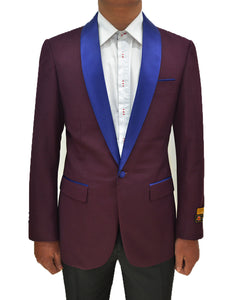 Mens One Button Contrast Shawl Collar Dinner Jacket Burgundy & Royal - Men's Tuxedo USA