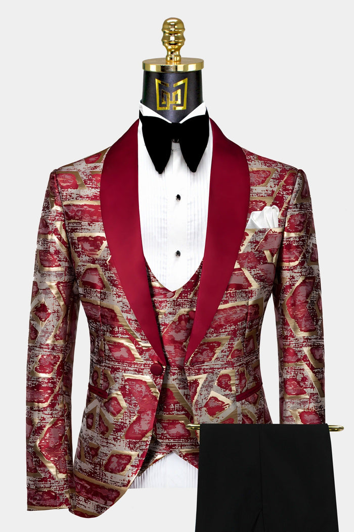 Burgundy and Gold Tuxedo Suit | Red And Gold Prom Suits