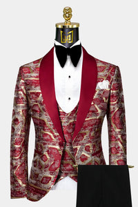 Burgundy and Gold Tuxedo Suit | Red And Gold Prom Suits