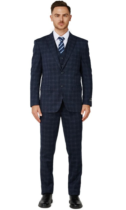 Mens Charcoal Blue Checker Two Button Notched Lapel Suit Slim Fit