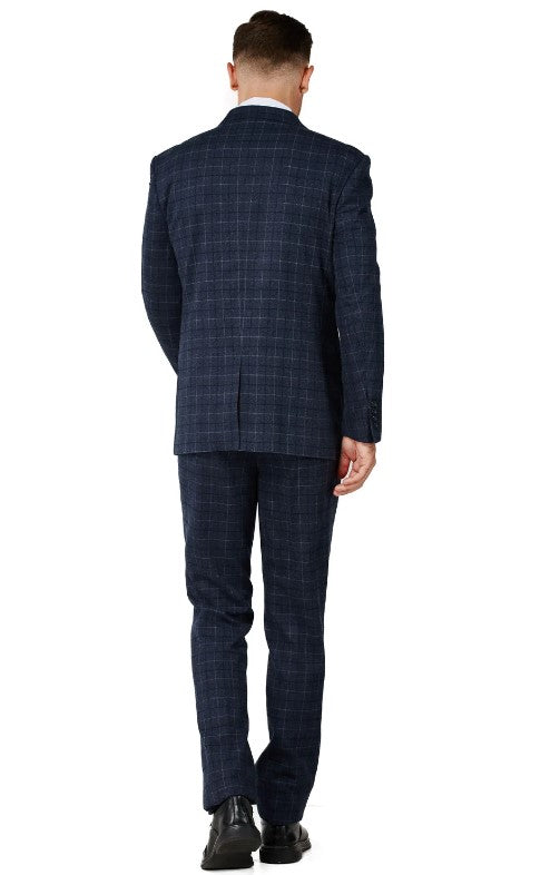 Mens Charcoal Blue Checker Two Button Notched Lapel Suit Slim Fit