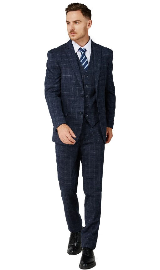 Mens Charcoal Blue Checker Two Button Notched Lapel Suit Slim Fit