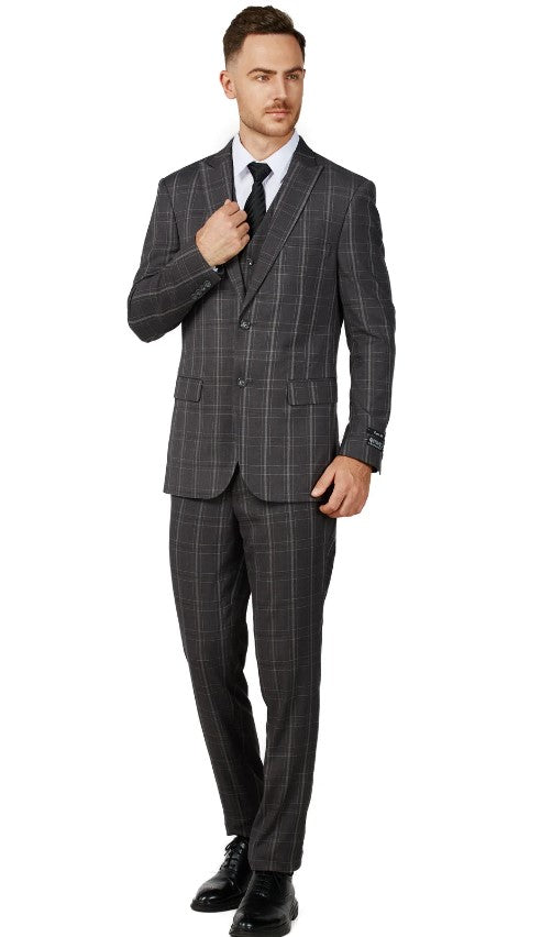 Mens Charcoal Checker Notched Lapel Suit Slim Fit