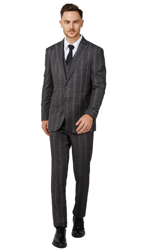 Mens Charcoal Checker Notched Lapel Suit Slim Fit